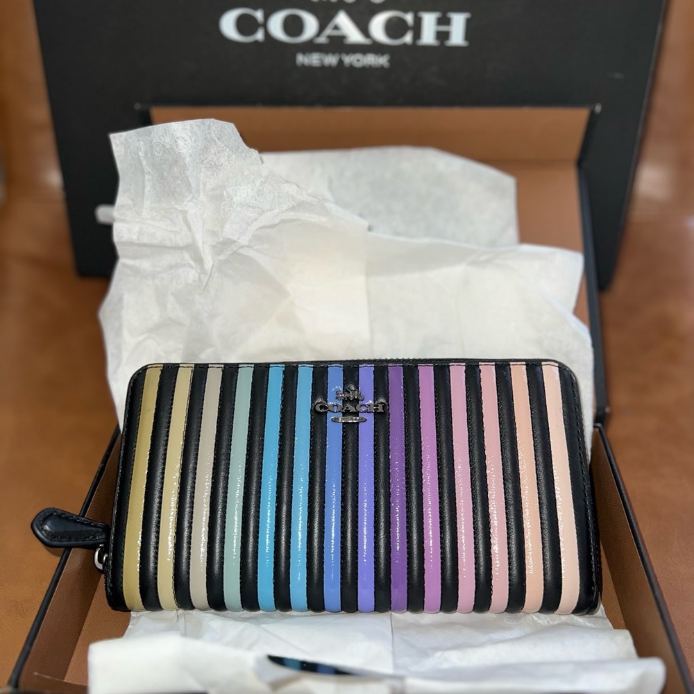 Coach Glossy Multicolor Striped Zip-Around Wallet with Black Trim